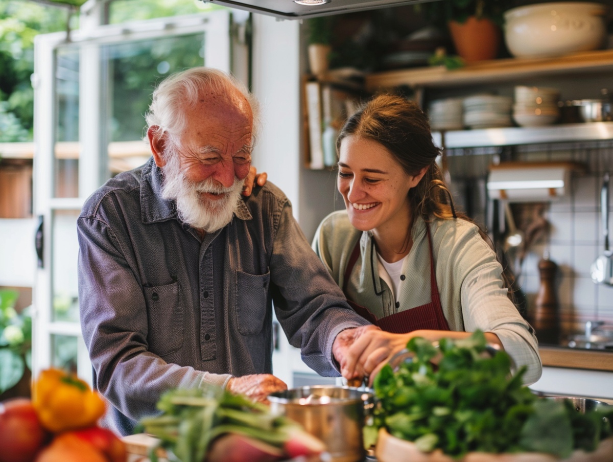a carer and and an elderly person cooking in a Kent home